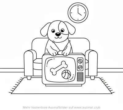 Hund sitzt vor Fernseher mit Knochen und Ball Ausmalbild