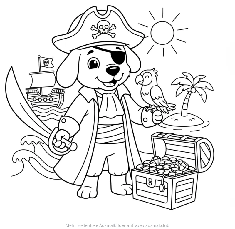 Hund Pirat mit Papagei, Schatzkiste und Piratenschiff Ausmalbild