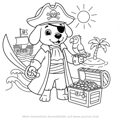 Hund Pirat mit Papagei, Schatzkiste und Piratenschiff Ausmalbild