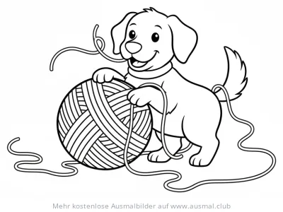 Hund spielt mit Wollknäuel Ausmalbild