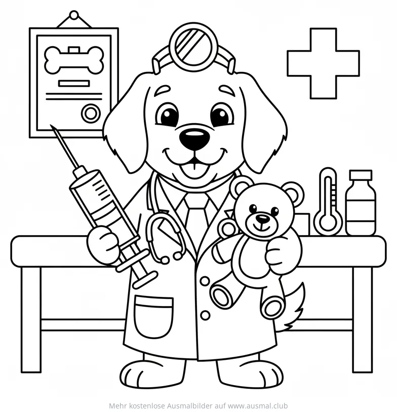 Hund im Arztkittel mit Teddybär und Spritze Ausmalbild