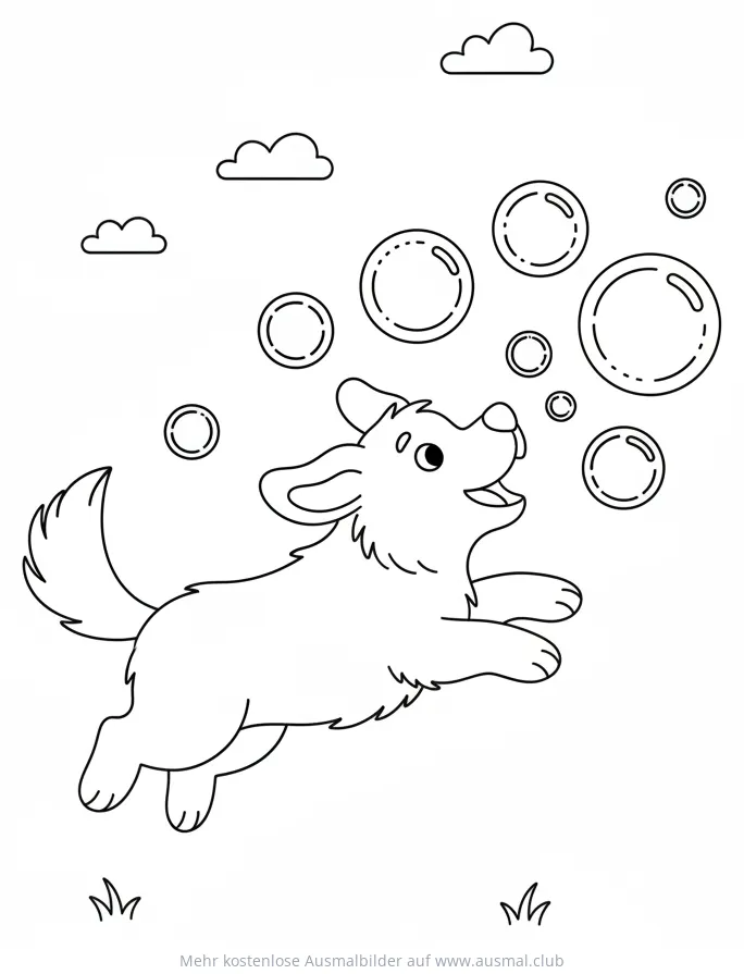 Hund springt nach Seifenblasen Ausmalbild