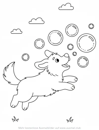 Hund springt nach Seifenblasen Ausmalbild