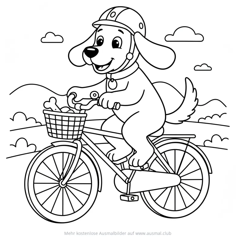 Hund mit Helm auf Fahrrad Ausmalbild