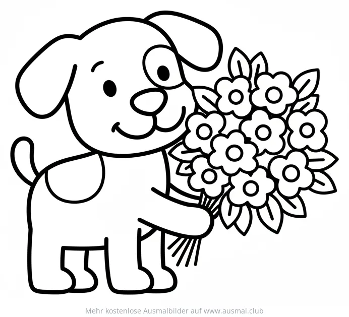 Cartoon Hund mit Blumenstrauß Ausmalbild