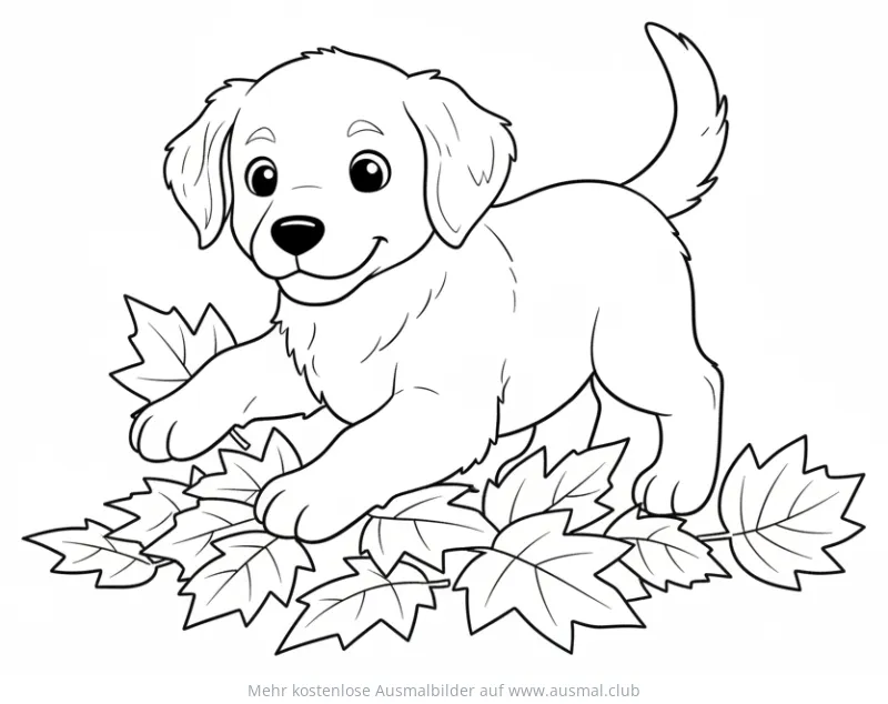 Golden Retriever Welpe spielt in Herbstlaub Ausmalbild