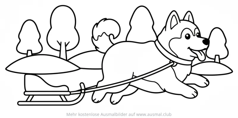 Husky zieht Schlitten im Winter Ausmalbild