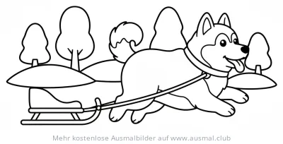 Husky zieht Schlitten im Winter Ausmalbild