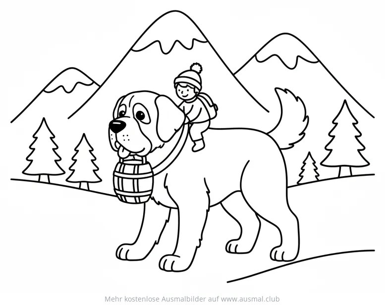 Bernhardiner mit Kind und Fässchen Ausmalbild