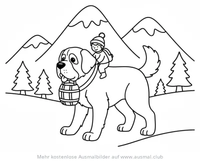 Bernhardiner mit Kind und Fässchen Ausmalbild