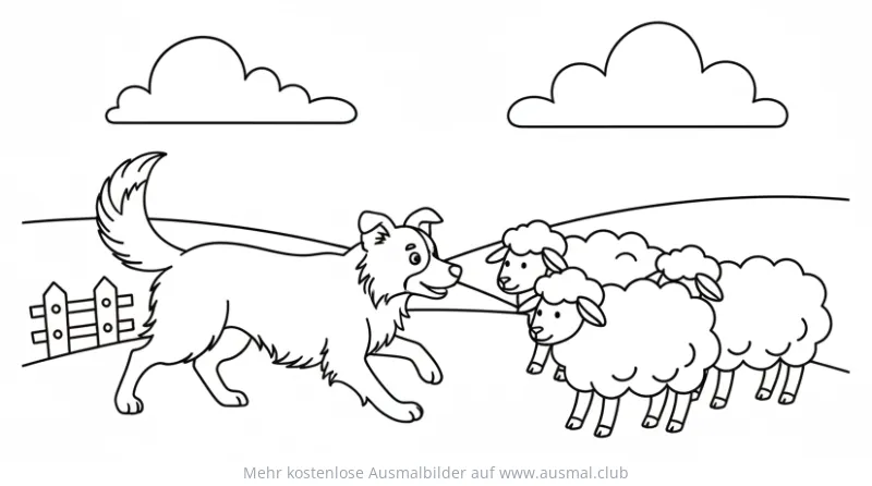 Border Collie treibt Schafe Ausmalbild