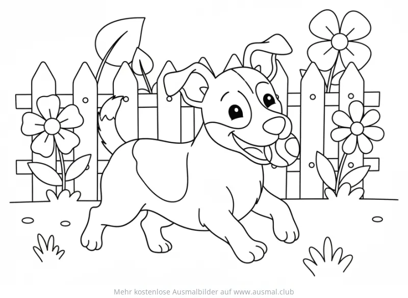 Jack Russel Terrier mit Ball im Garten Ausmalbild