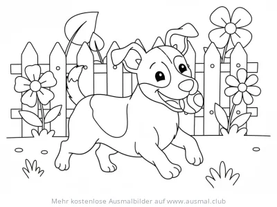 Jack Russel Terrier mit Ball im Garten Ausmalbild