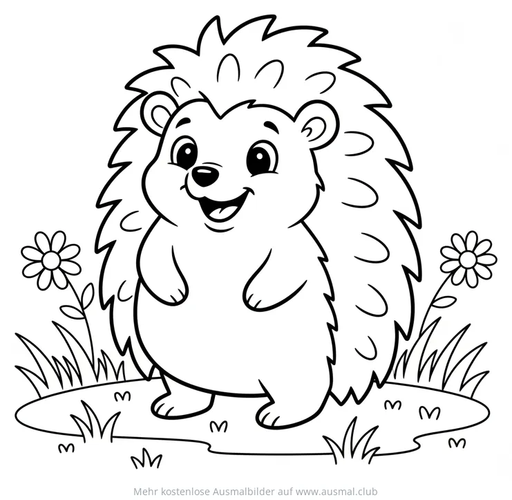 Igel Ausmalbild auf einer Wiese mit Blumen