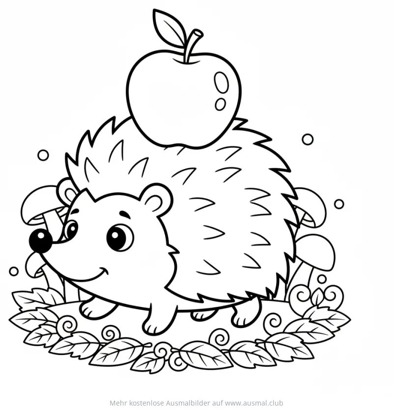 Igel mit Apfel auf dem Rücken zwischen Pilzen und Blättern Ausmalbild