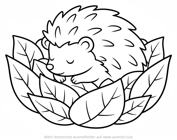Schlafendes Igelbaby in Blättern Ausmalbild