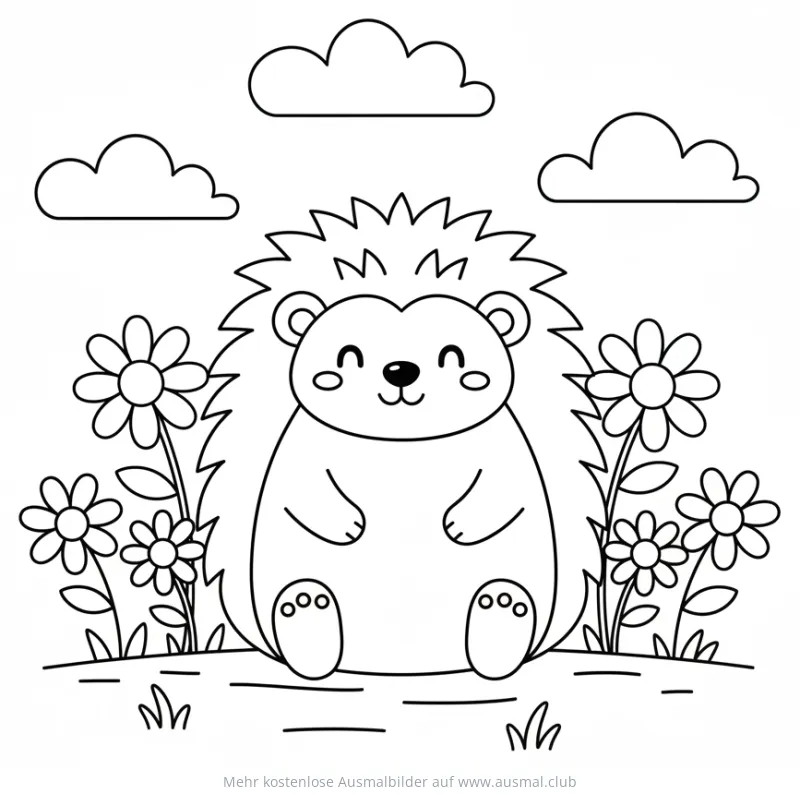 Niedlicher Igel sitzt im Blumenfeld Ausmalbild