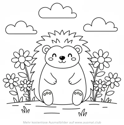 Niedlicher Igel sitzt im Blumenfeld Ausmalbild