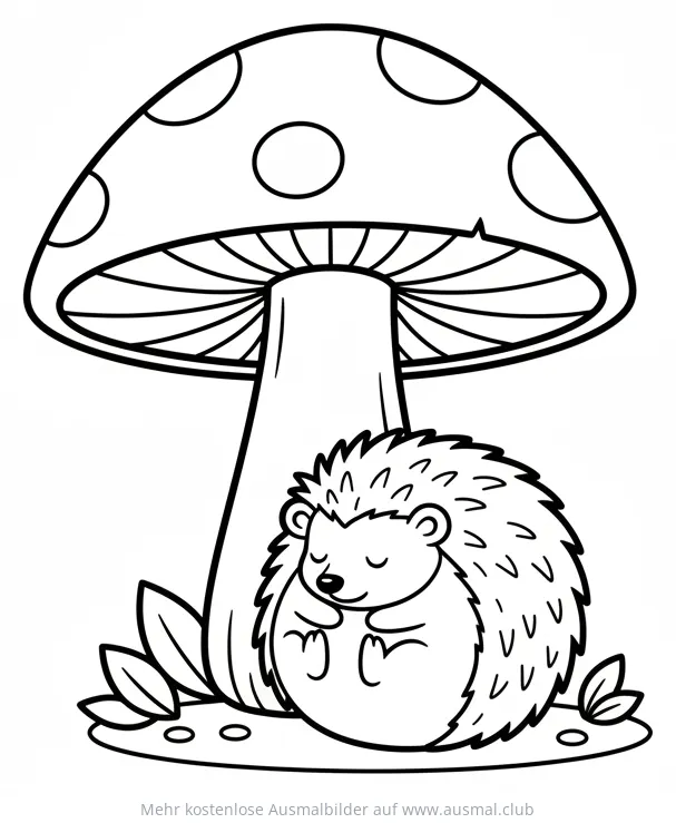 Schlafender Igel unter einem Pilz Ausmalbild