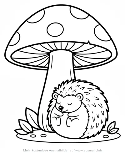 Schlafender Igel unter einem Pilz Ausmalbild