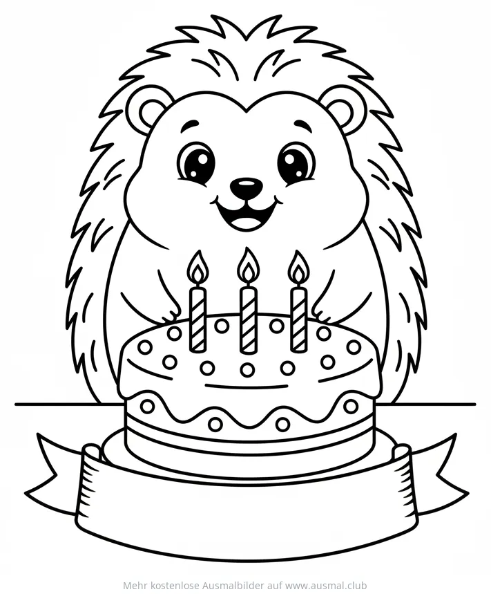 Igel mit Geburtstagstorte und Kerzen Ausmalbild