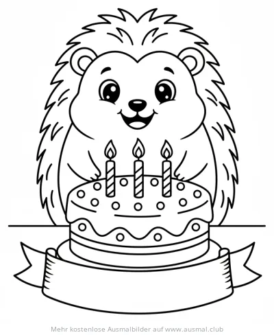 Igel mit Geburtstagstorte und Kerzen Ausmalbild