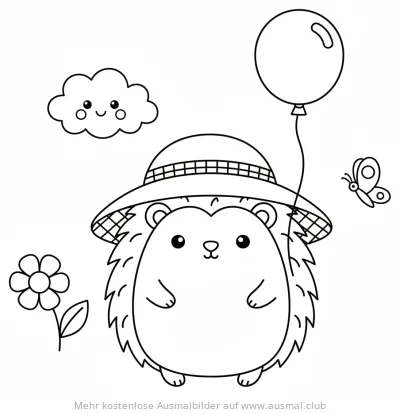 Igel mit Hut, Ballon, Blume, Wolke und Schmetterling Ausmalbild