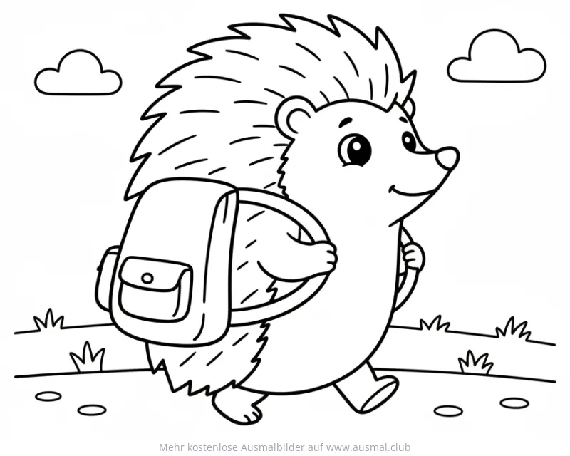 Igel mit Rucksack Ausmalbild auf Wiese