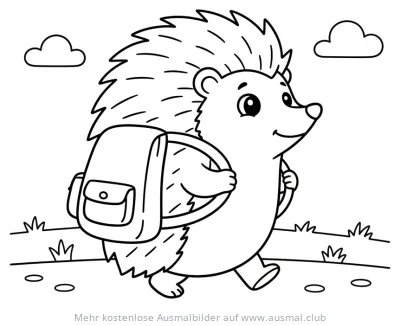 Igel mit Rucksack Ausmalbild auf Wiese