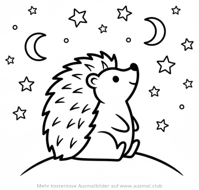 Igel Ausmalbild unter Sternen und Mond