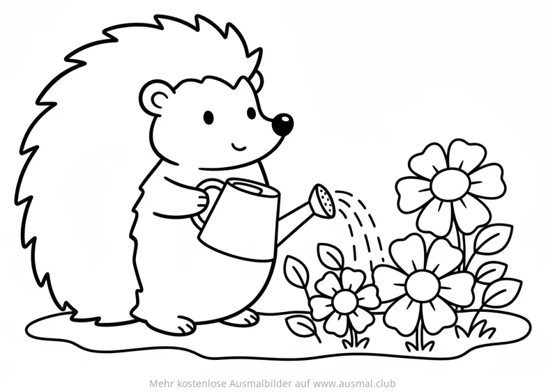 Igel gießt Blumen mit Gießkanne Ausmalbild