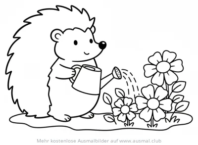 Igel gießt Blumen mit Gießkanne Ausmalbild