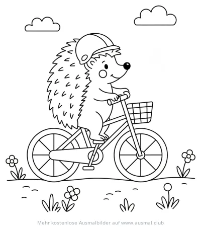 Igel mit Helm fährt Fahrrad Ausmalbild