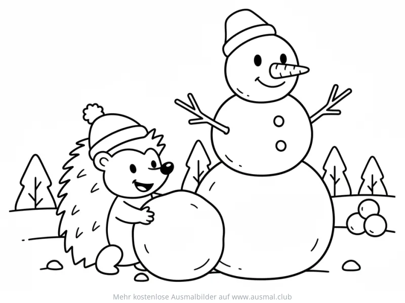 Igel mit Mütze baut an einem Schneemann Ausmalbild