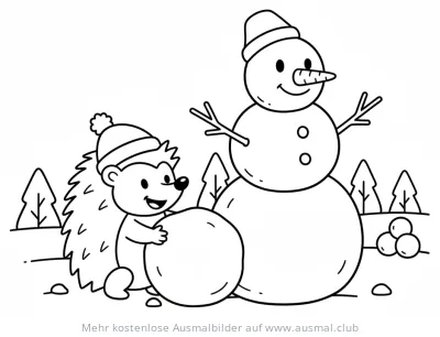 Igel mit Mütze baut an einem Schneemann Ausmalbild