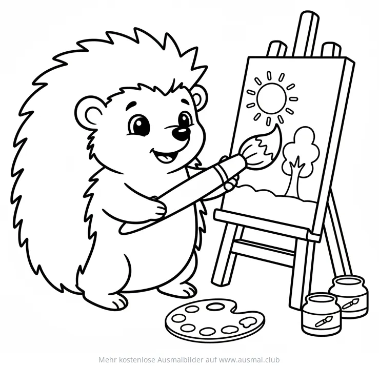 Igel malt ein Bild auf einer Staffelei Ausmalbild