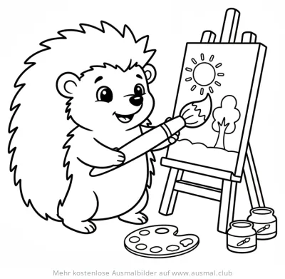 Igel malt ein Bild auf einer Staffelei Ausmalbild