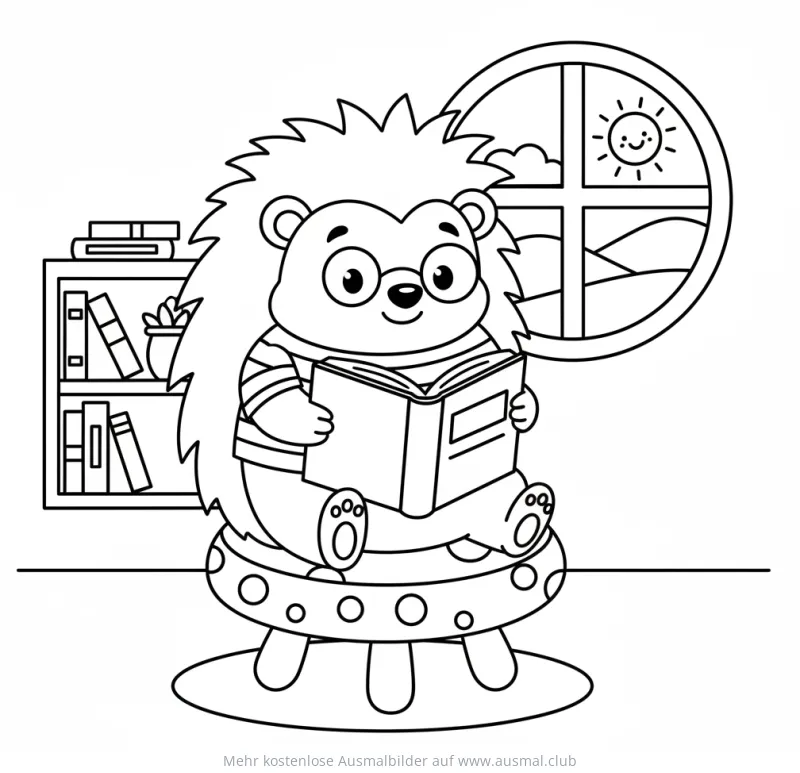 Igel mit Brille liest Buch auf Pilz Ausmalbild