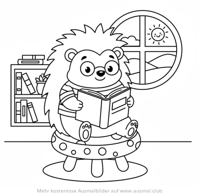 Igel mit Brille liest Buch auf Pilz Ausmalbild