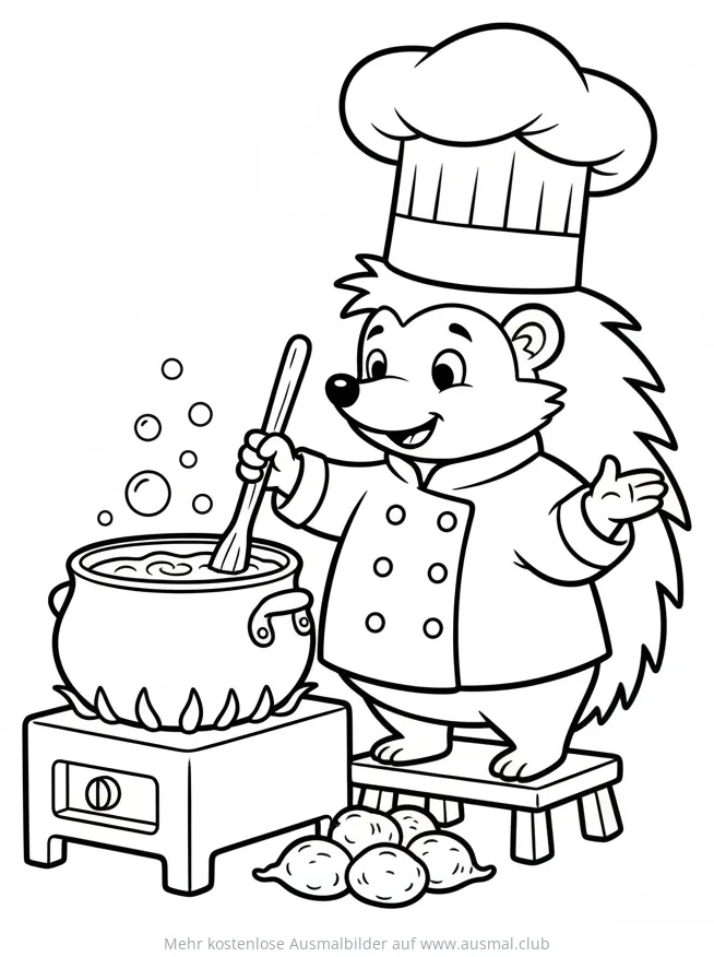 Igel als Koch am Herd mit Kochtopf Ausmalbild