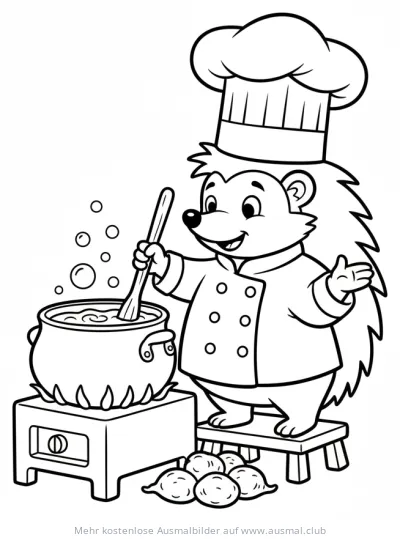 Igel als Koch am Herd mit Kochtopf Ausmalbild