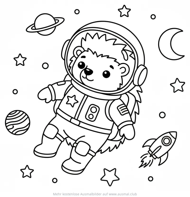 Igel im Astronautenanzug Ausmalbild im Weltraum