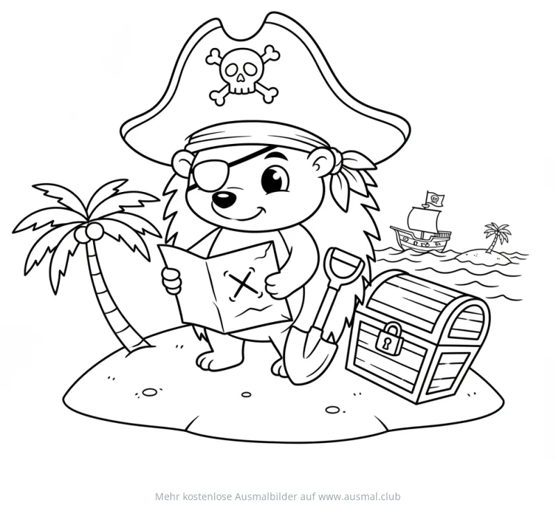 Igel Pirat mit Schatzkarte Ausmalbild