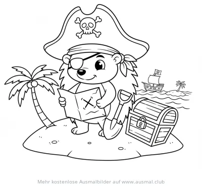 Igel Pirat mit Schatzkarte Ausmalbild