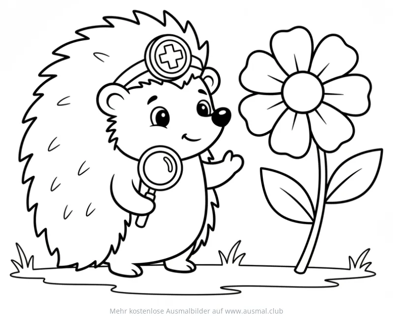 Igel als Doktor mit Lupe und Blume Ausmalbild