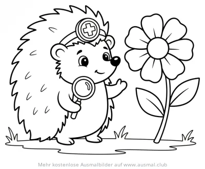 Igel als Doktor mit Lupe und Blume Ausmalbild