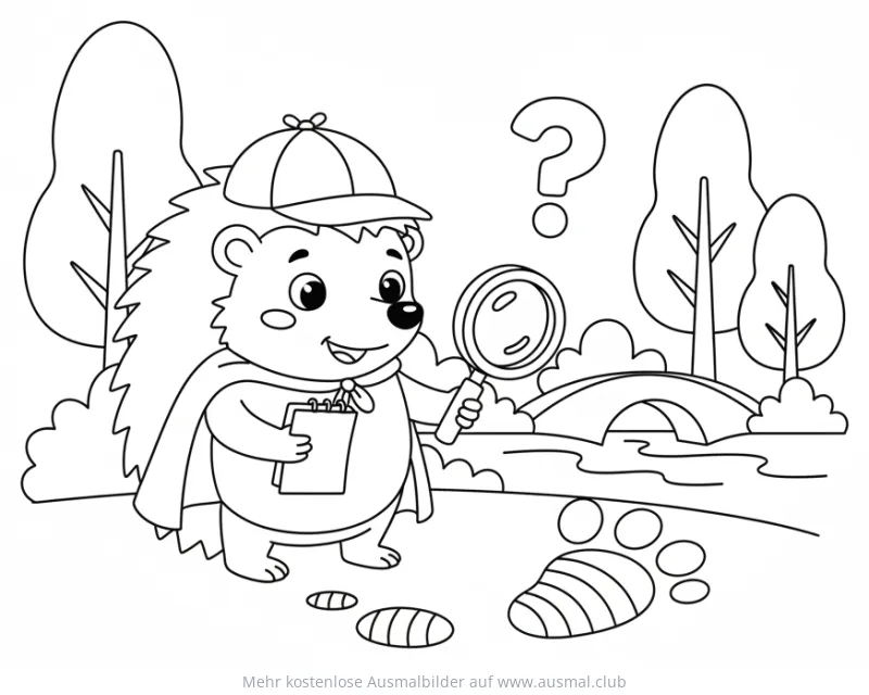 Igel als Detektiv mit Lupe und Fußspuren Ausmalbild