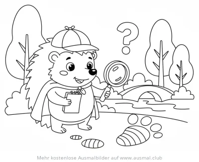 Igel als Detektiv mit Lupe und Fußspuren Ausmalbild