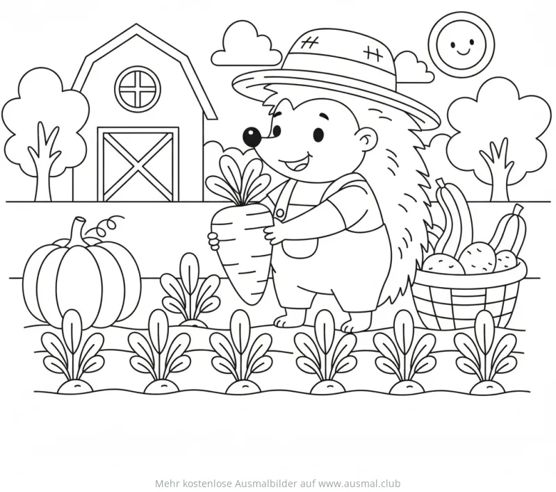 Igel als Bauer mit Karotte im Gemüsebeet Ausmalbild