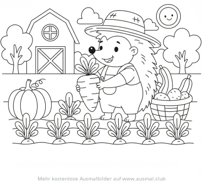 Igel als Bauer mit Karotte im Gemüsebeet Ausmalbild